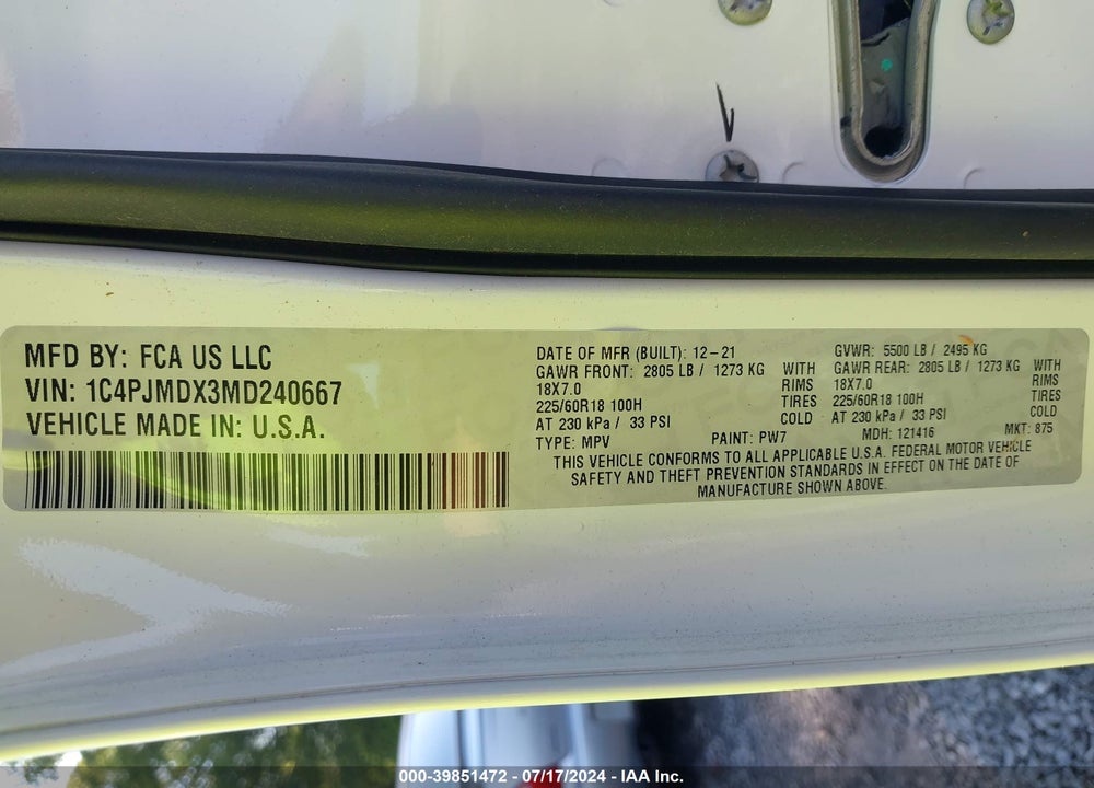 2021 JEEP CHEROKEE LIMITED 4X4 VIN: 1C4PJMDX3MD240667