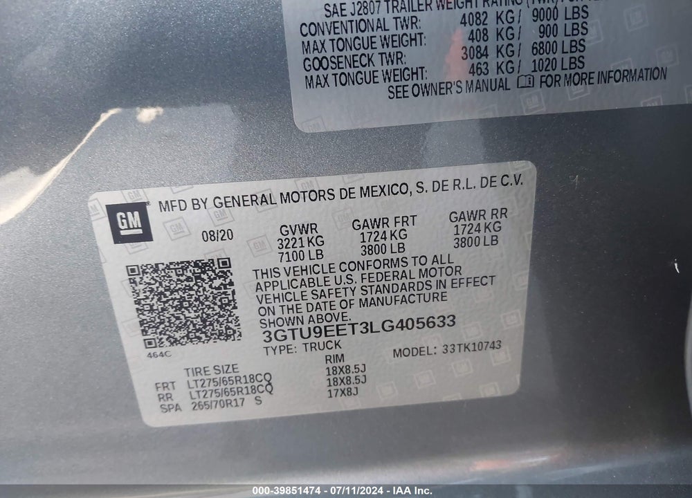 2020 GMC SIERRA 1500 4WD STANDARD BOX AT4 VIN: 3GTU9EET3LG405633