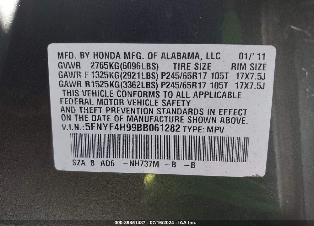 2011 HONDA PILOT TOURING VIN: 5FNYF4H99BB061282