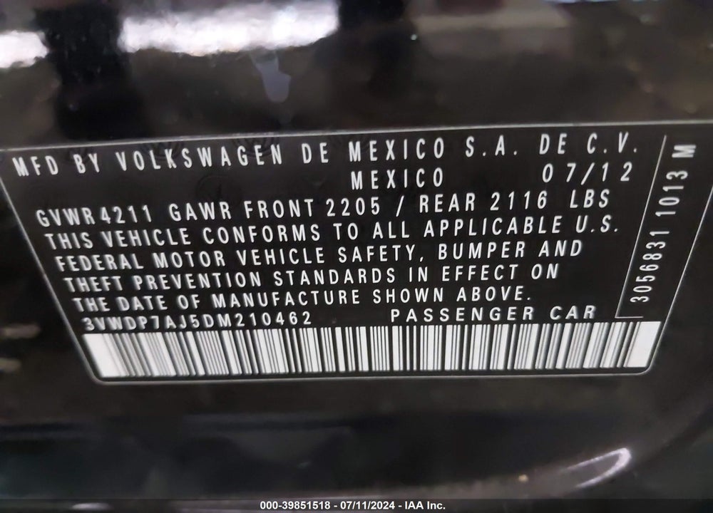2013 VOLKSWAGEN JETTA 2.5L SE VIN: 3VWDP7AJ5DM210462
