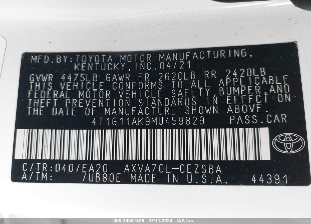 2021 TOYOTA CAMRY SE VIN: 4T1G11AK9MU459829