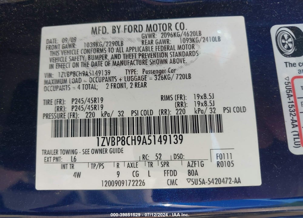 2010 FORD MUSTANG GT/GT PREMIUM VIN: 1ZVBP8CH9A5149139