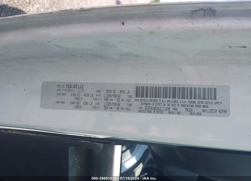 2020 RAM PROMASTER 1500 HIGH ROOF 136 WB VIN: 3C6TRVBG3LE111235