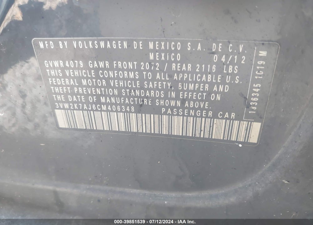2012 VOLKSWAGEN JETTA 2.0L S VIN: 3VW2K7AJ6CM406348