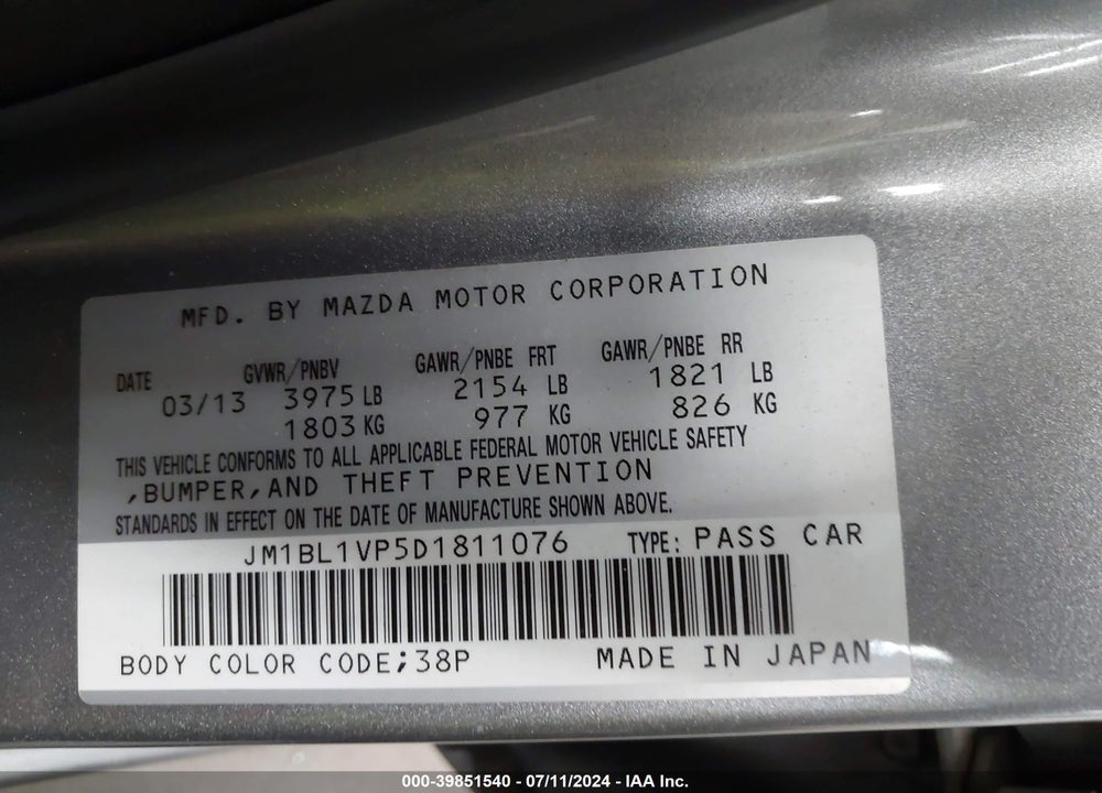 2013 MAZDA 3 I TOURING VIN: JM1BL1VP5D1811076