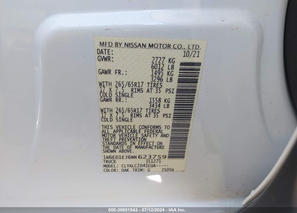 2022 NISSAN FRONTIER SV 4X2 VIN: 1N6ED1EJ6NN623759