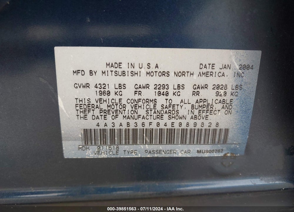2004 MITSUBISHI GALANT ES VIN: 4A3AB36F04E089828