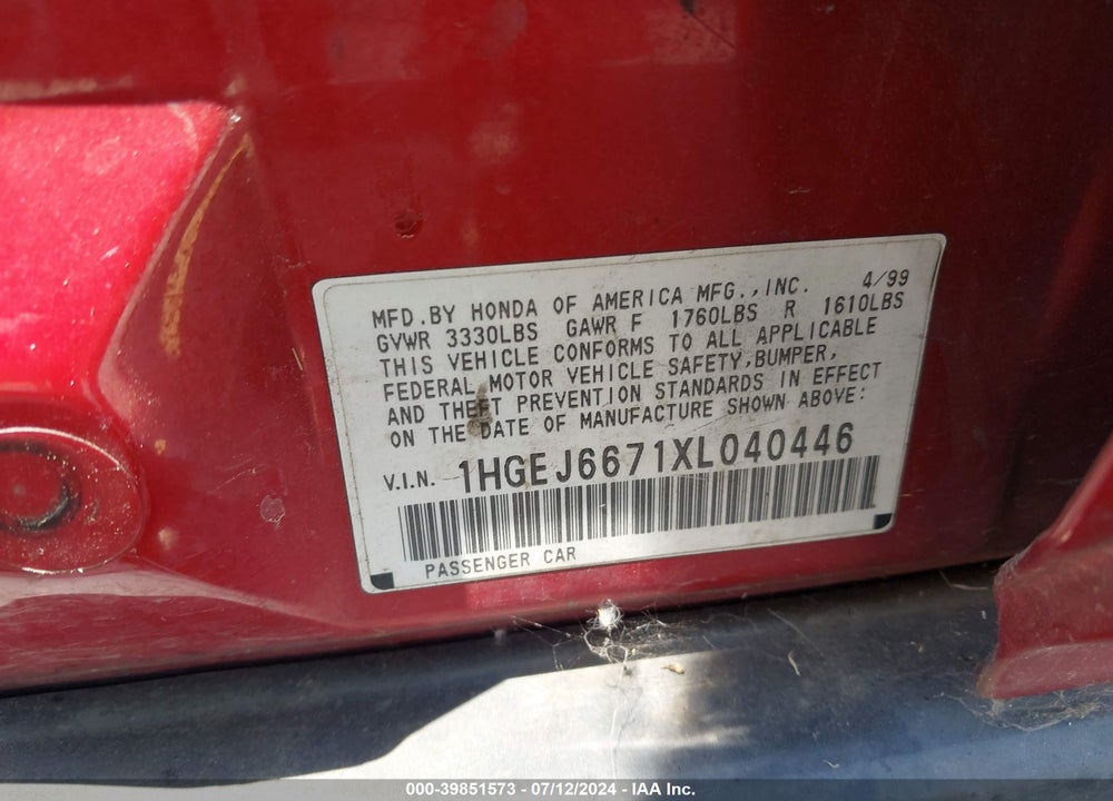 1999 HONDA CIVIC LX VIN: 1HGEJ6671XL040446