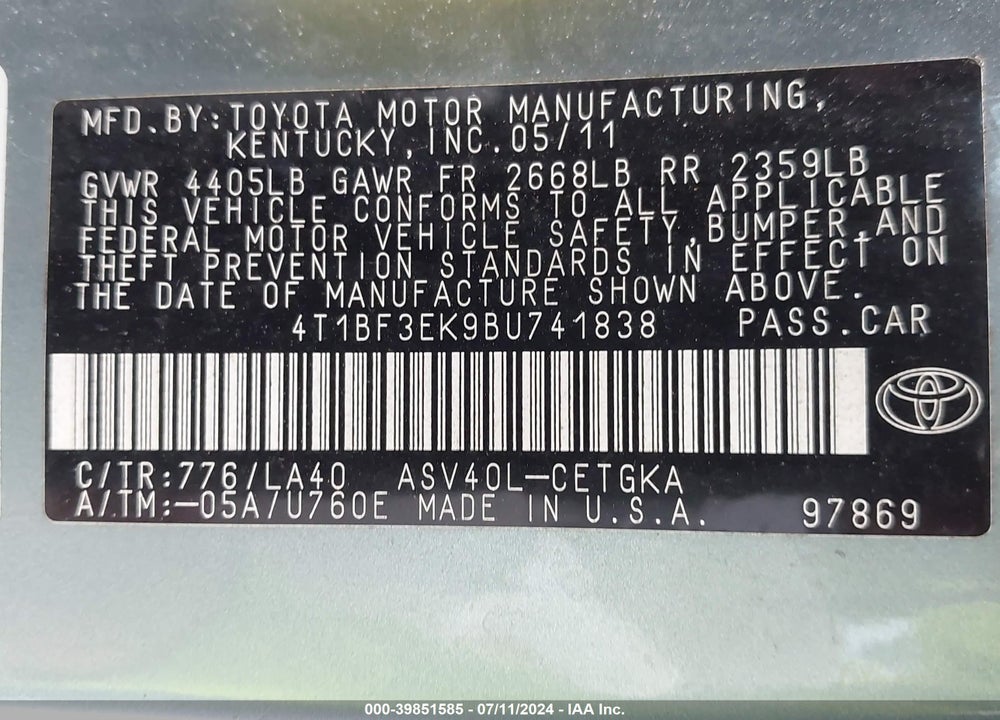 2011 TOYOTA CAMRY XLE VIN: 4T1BF3EK9BU741838