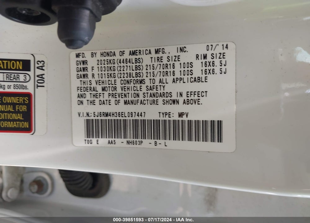 2014 HONDA CR-V LX VIN: 5J6RM4H36EL097447
