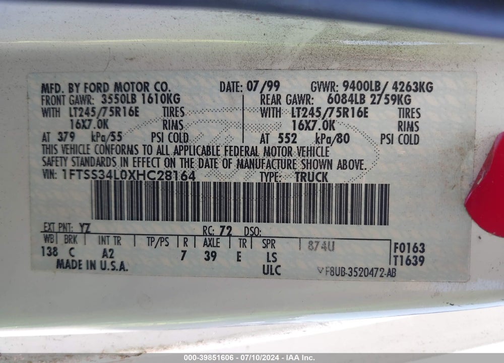 1999 FORD E-350 SUPER DUTY COMMERCIAL/RECREATIONAL VIN: 1FTSS34L0XHC28164