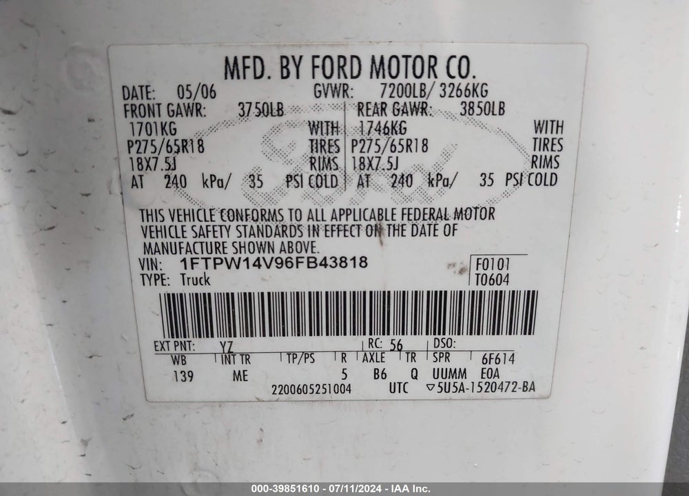 2006 FORD F-150 VIN: 1FTPW14V96FB43818