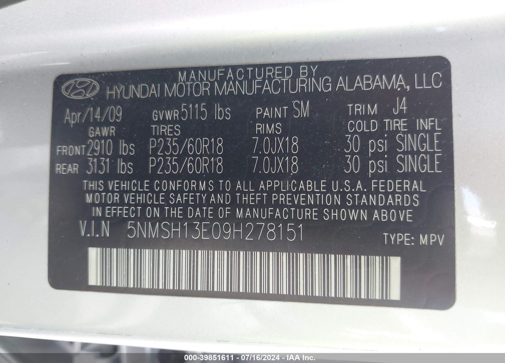 2009 HYUNDAI SANTA FE SE VIN: 5NMSH13E09H278151
