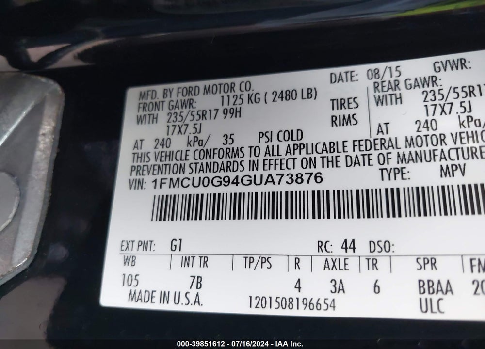 2016 FORD ESCAPE SE VIN: 1FMCU0G94GUA73876