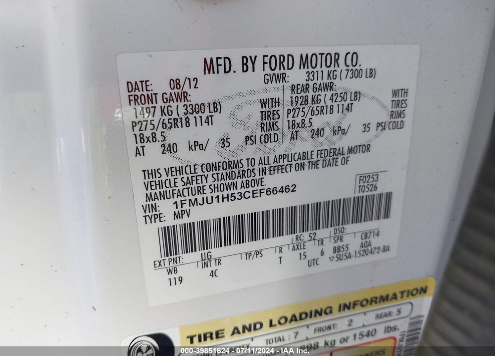 2012 FORD EXPEDITION XLT VIN: 1FMJU1H53CEF66462