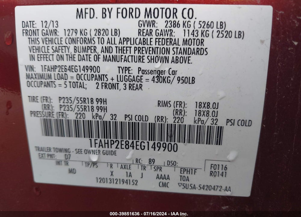 2014 FORD TAURUS SEL VIN: 1FAHP2E84EG149900