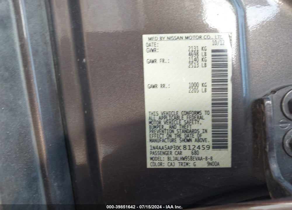 2013 NISSAN MAXIMA 3.5 SV VIN: 1N4AA5AP3DC812459