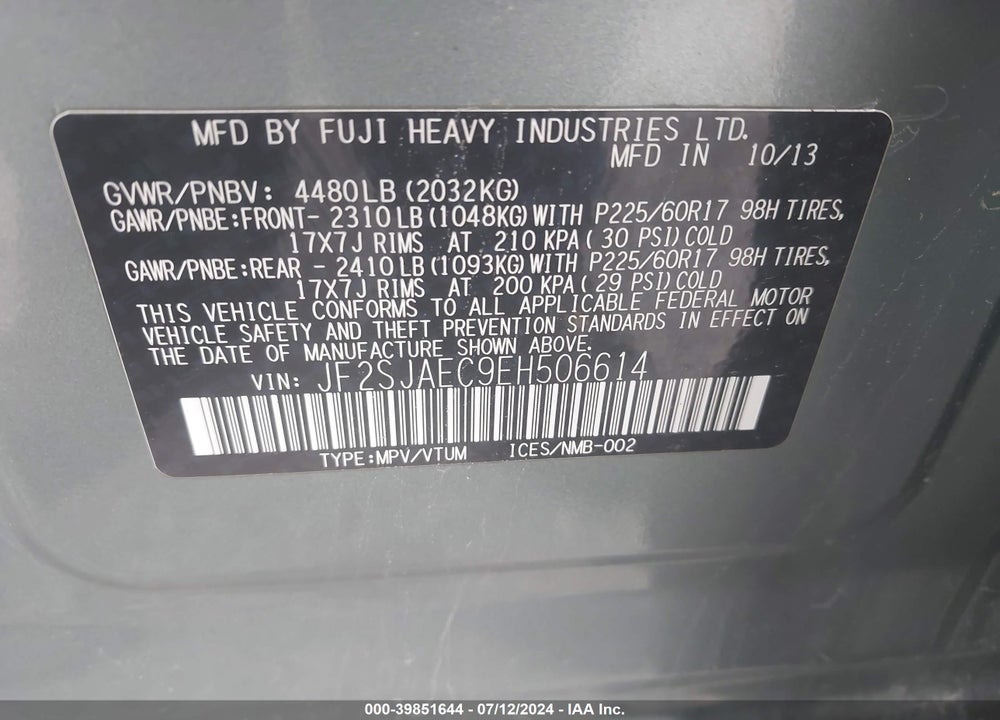 2014 SUBARU FORESTER 2.5I PREMIUM VIN: JF2SJAEC9EH506614