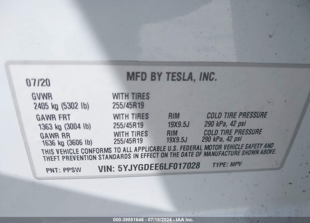 2020 TESLA MODEL Y LONG RANGE DUAL MOTOR ALL-WHEEL DRIVE VIN: 5YJYGDEE6LF017028