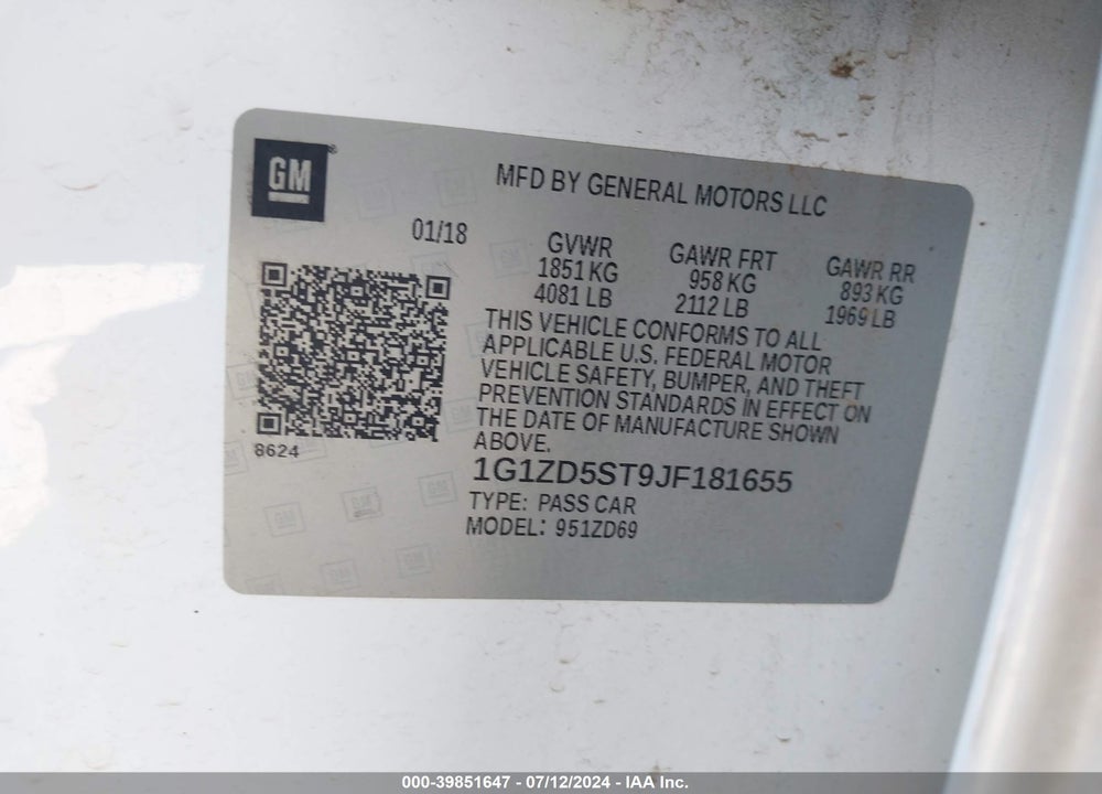 2018 CHEVROLET MALIBU VIN: 1G1ZD5ST9JF181655