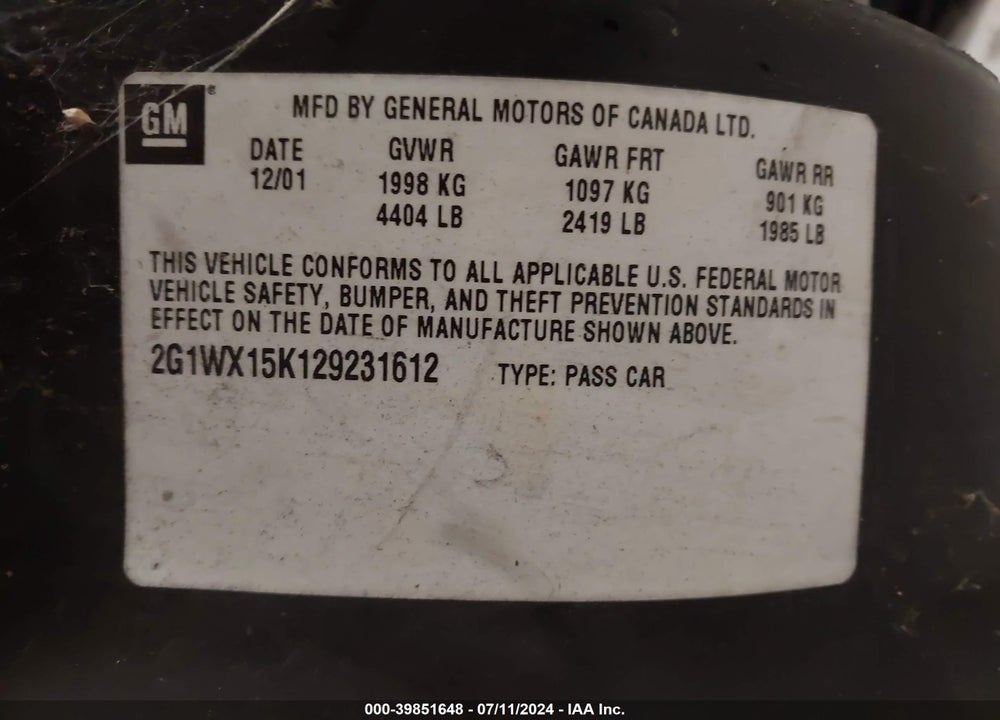 2002 CHEVROLET MONTE CARLO SS VIN: 2G1WX15K129231612