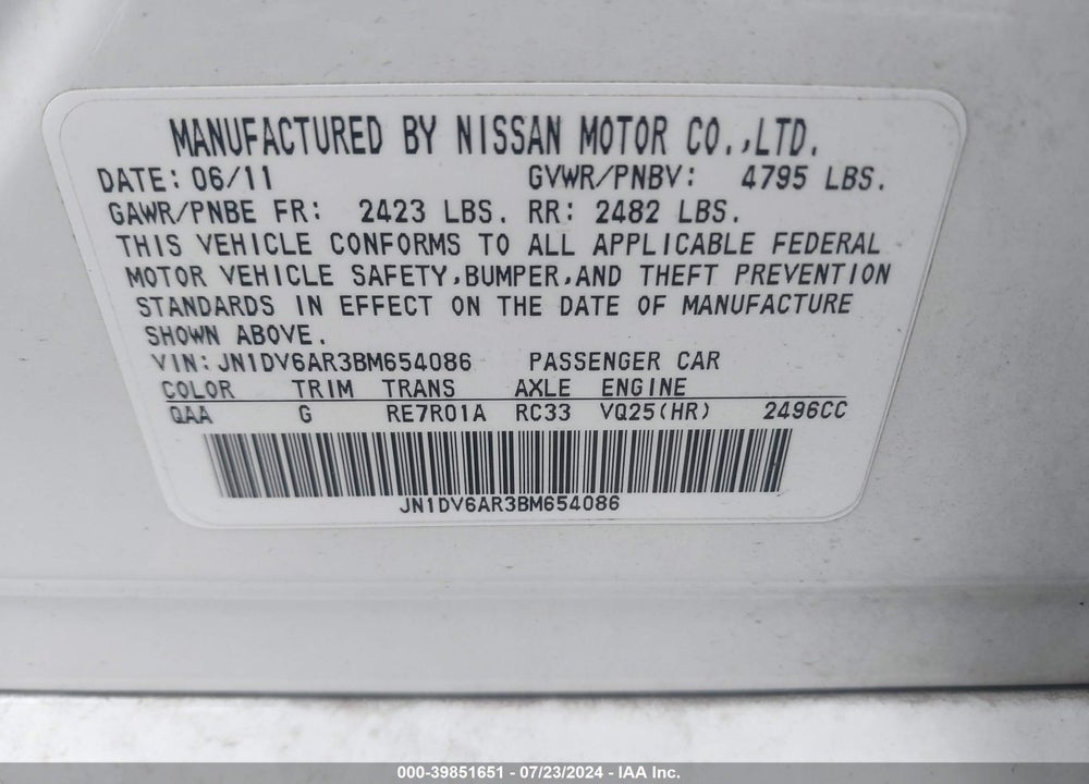 2011 INFINITI G25X VIN: JN1DV6AR3BM654086