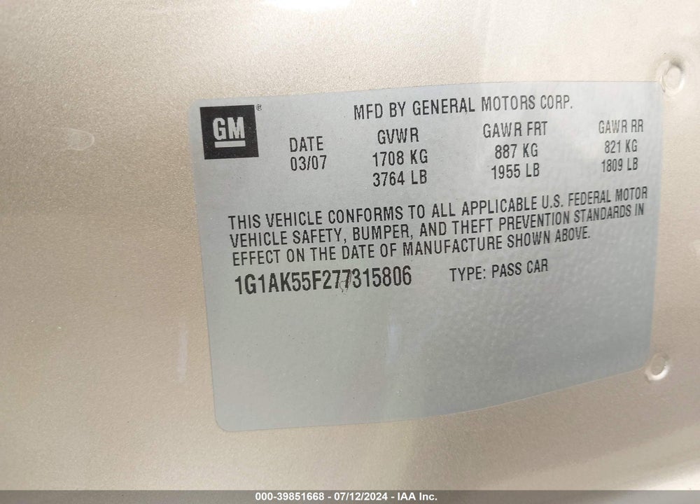 2007 CHEVROLET COBALT LS VIN: 1G1AK55F277315806