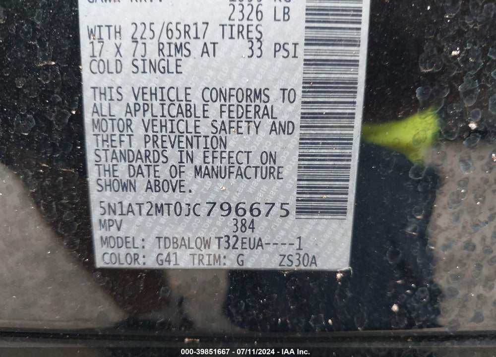 2018 NISSAN ROGUE SV VIN: 5N1AT2MT0JC796675