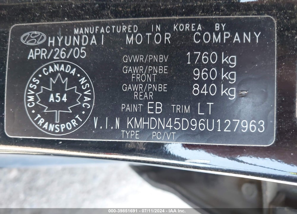 2006 HYUNDAI ELANTRA GLS/LIMITED VIN: KMHDN45D96U127963