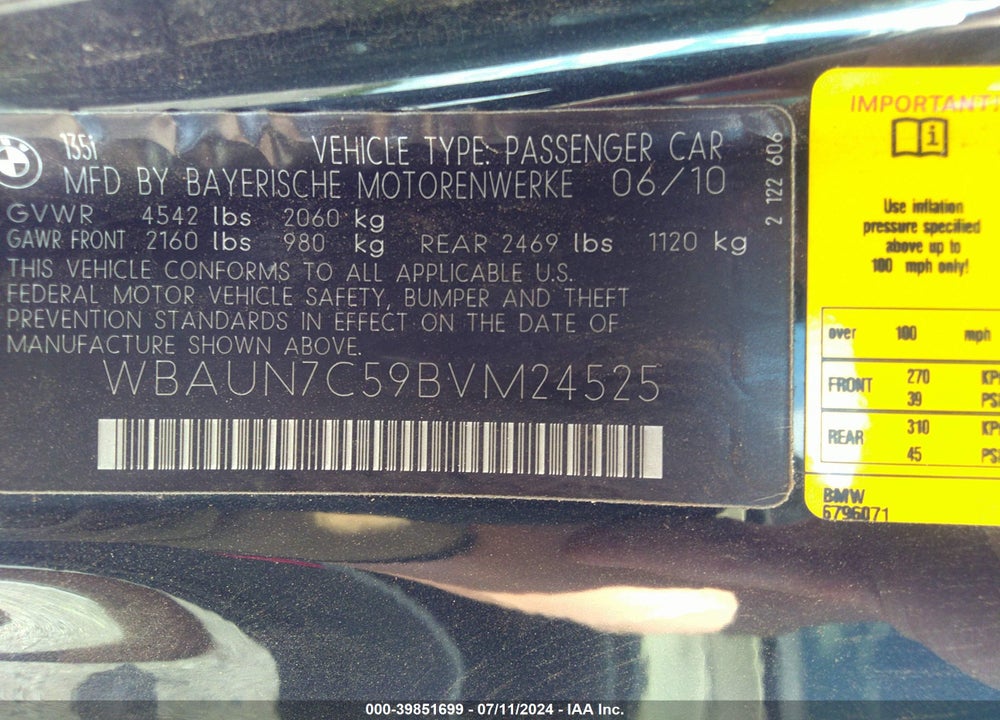 2011 BMW 135I VIN: WBAUN7C59BVM24525