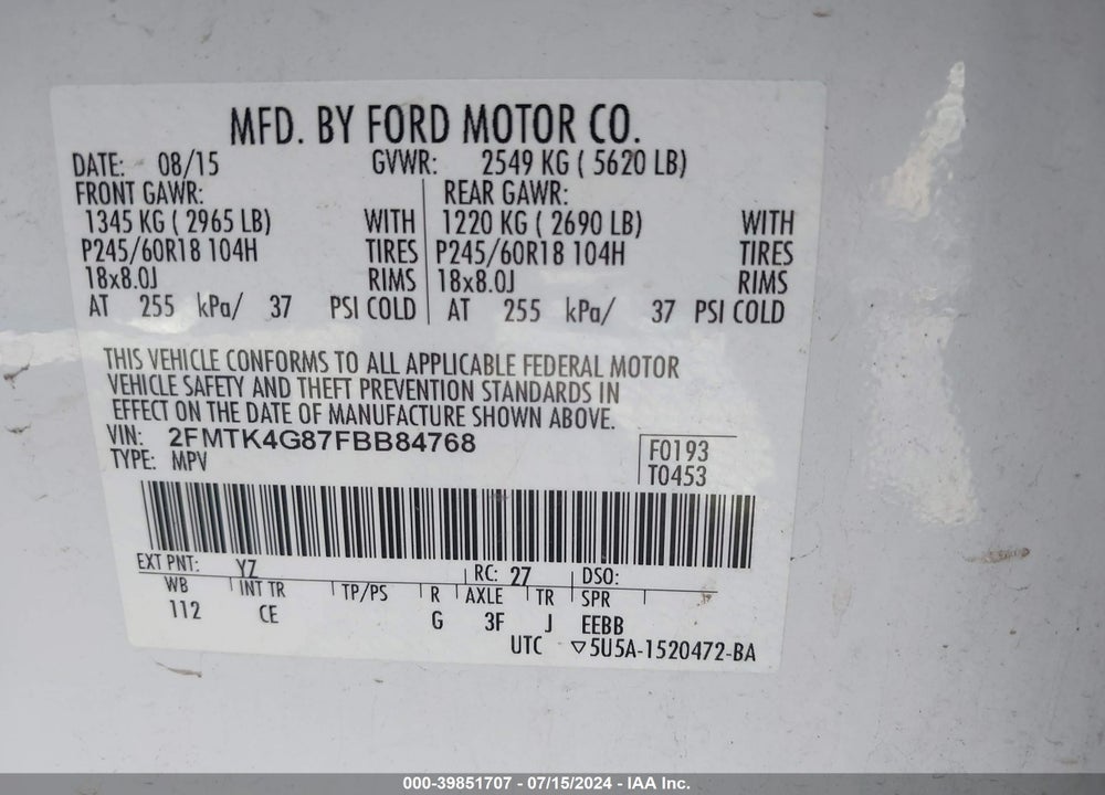 2015 FORD EDGE SE VIN: 2FMTK4G87FBB84768