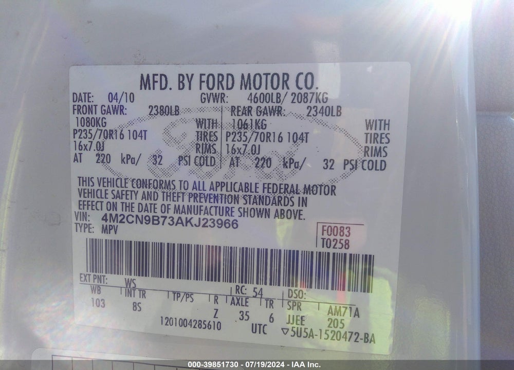 2010 MERCURY MARINER VIN: 4M2CN9B73AKJ23966