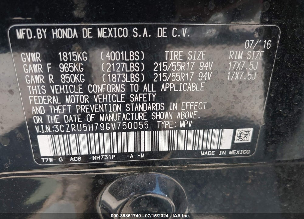 2016 HONDA HR-V EX-L VIN: 3CZRU5H79GM750055