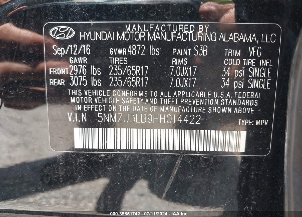 2017 HYUNDAI SANTA FE SPORT 2.4L VIN: 5NMZU3LB9HH014422