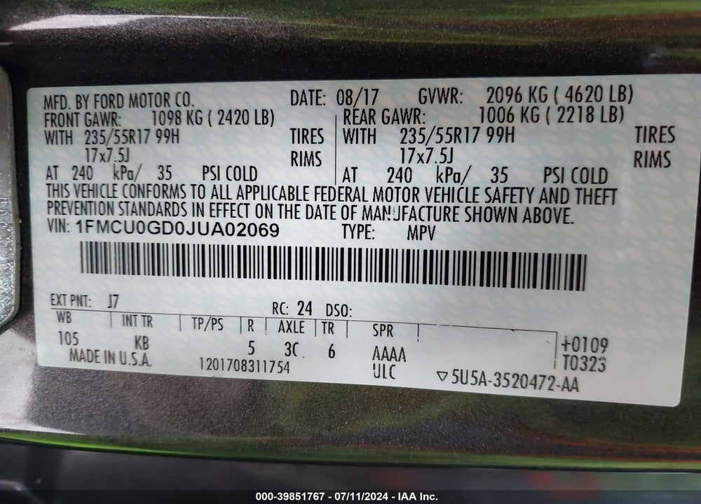 2018 FORD ESCAPE SE VIN: 1FMCU0GD0JUA02069
