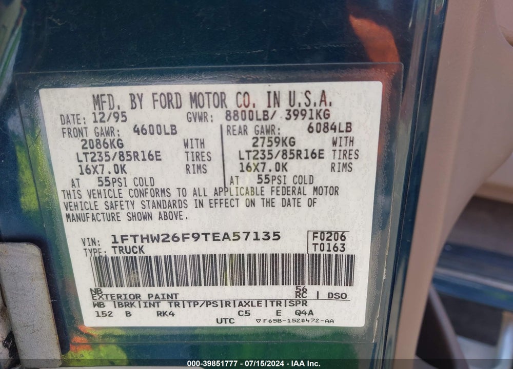 1996 FORD F250 VIN: 1FTHW26F9TEA57135