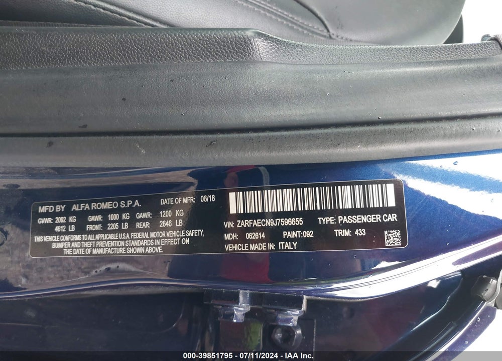 2018 ALFA ROMEO GIULIA TI RWD VIN: ZARFAECN9J7596655