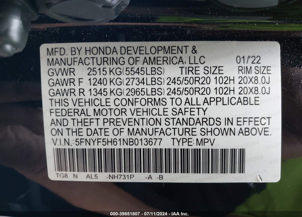 2022 HONDA PILOT VIN: 5FNYF5H61NB013677