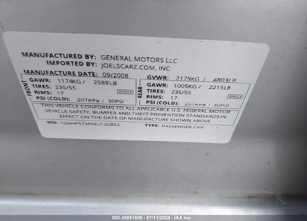 2009 BUICK LUCERNE CX/CX-2 VIN: 1G4HP57M59U120852