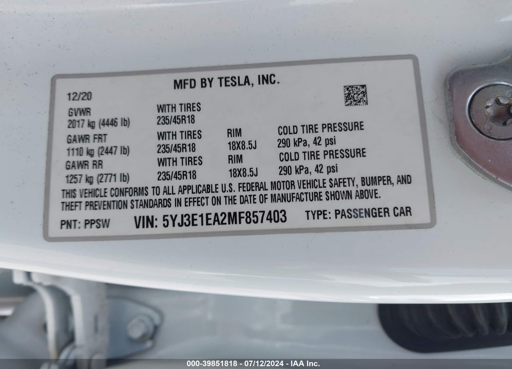 2021 TESLA MODEL 3 STANDARD RANGE PLUS REAR-WHEEL DRIVE VIN: 5YJ3E1EA2MF857403