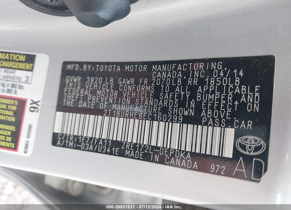 2014 TOYOTA COROLLA L VIN: 2T1BURHE8EC160299