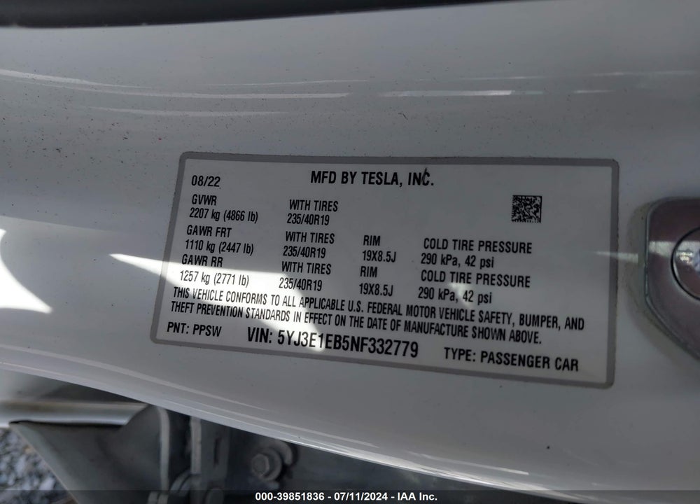 2022 TESLA MODEL 3 LONG RANGE DUAL MOTOR ALL-WHEEL DRIVE VIN: 5YJ3E1EB5NF332779