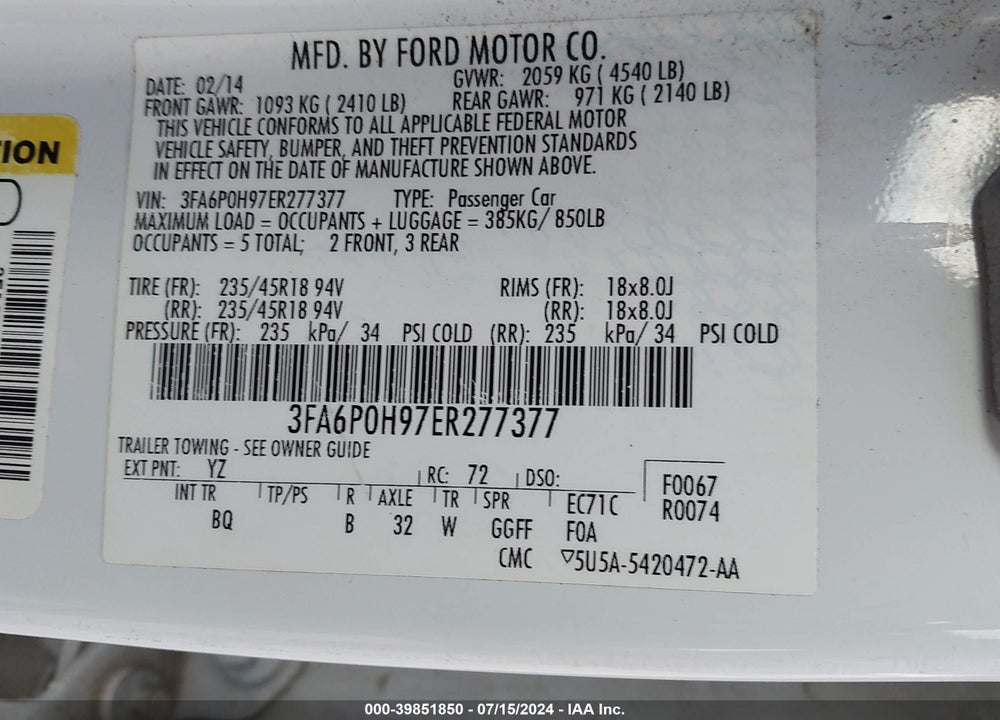 2014 FORD FUSION SE VIN: 3FA6P0H97ER277377