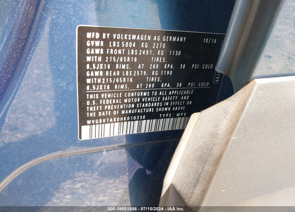 2017 VOLKSWAGEN TIGUAN 2.0T/2.0T S VIN: WVGBV7AX0HK010330