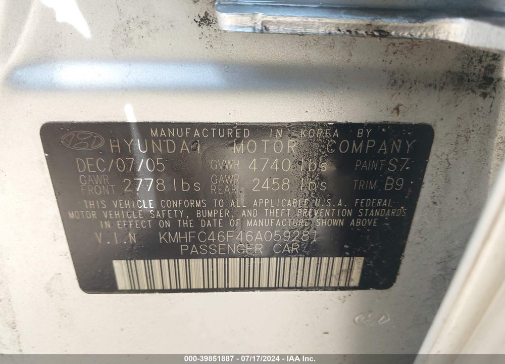 2006 HYUNDAI AZERA LIMITED/SE VIN: KMHFC46F46A059281