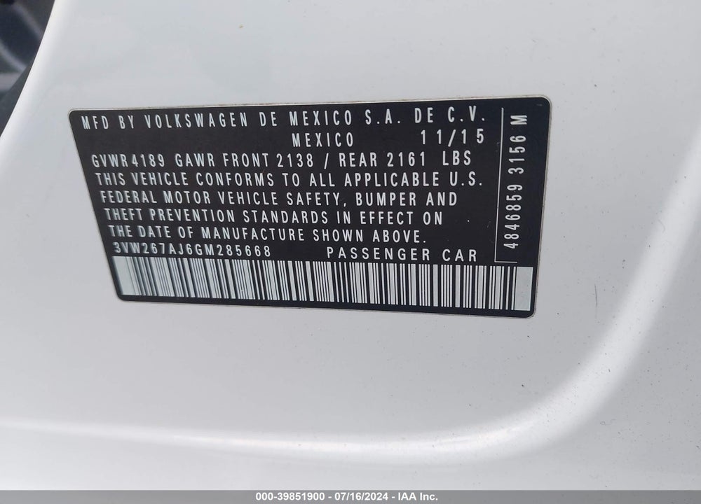 2016 VOLKSWAGEN JETTA 1.4T S VIN: 3VW267AJ6GM285668