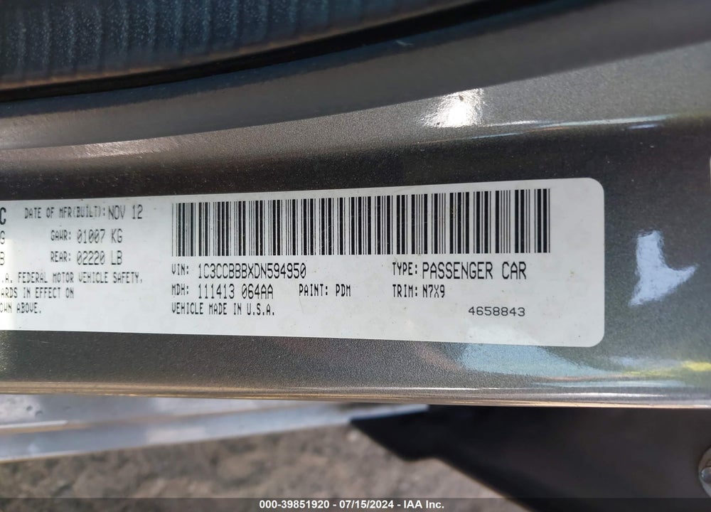 2013 CHRYSLER 200 TOURING VIN: 1C3CCBBBXDN594950