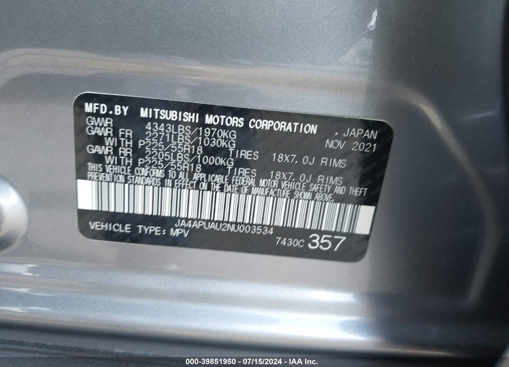 2022 MITSUBISHI OUTLANDER SPORT 2.0 BE 2WD/2.0 ES 2WD/2.0 LE 2WD/2.0 S 2WD VIN: JA4APUAU2NU003534