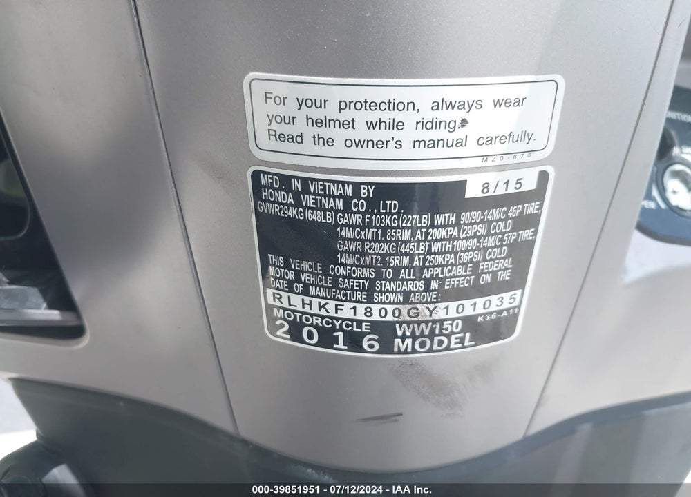 2016 HONDA PCX 150 VIN: RLHKF1800GY101035
