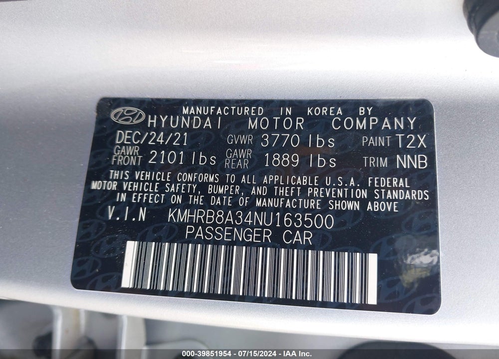 2022 HYUNDAI VENUE SE VIN: KMHRB8A34NU163500